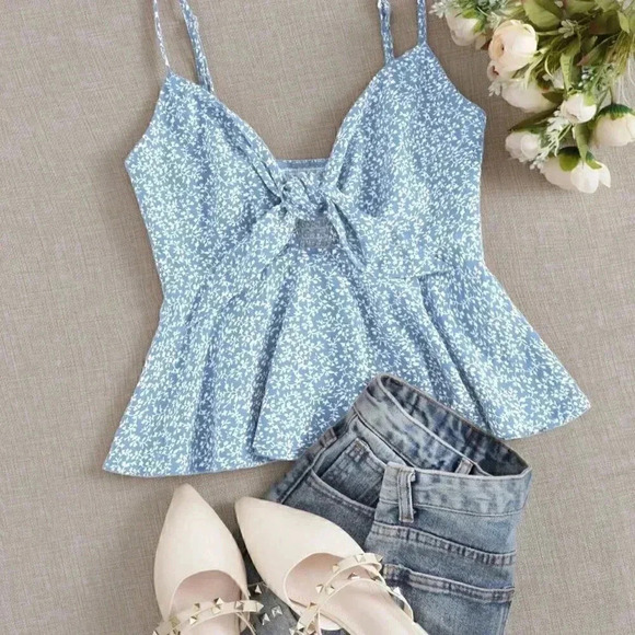 Multicolor Boho Full Print Plant Pattern Tie Front Cami Top - Picture 1 of 5